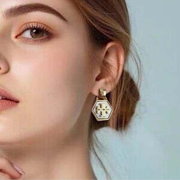 TORY BURCH • Mother of Pearl Hexagon Gold Drop Earrings - Picture 2 of 6